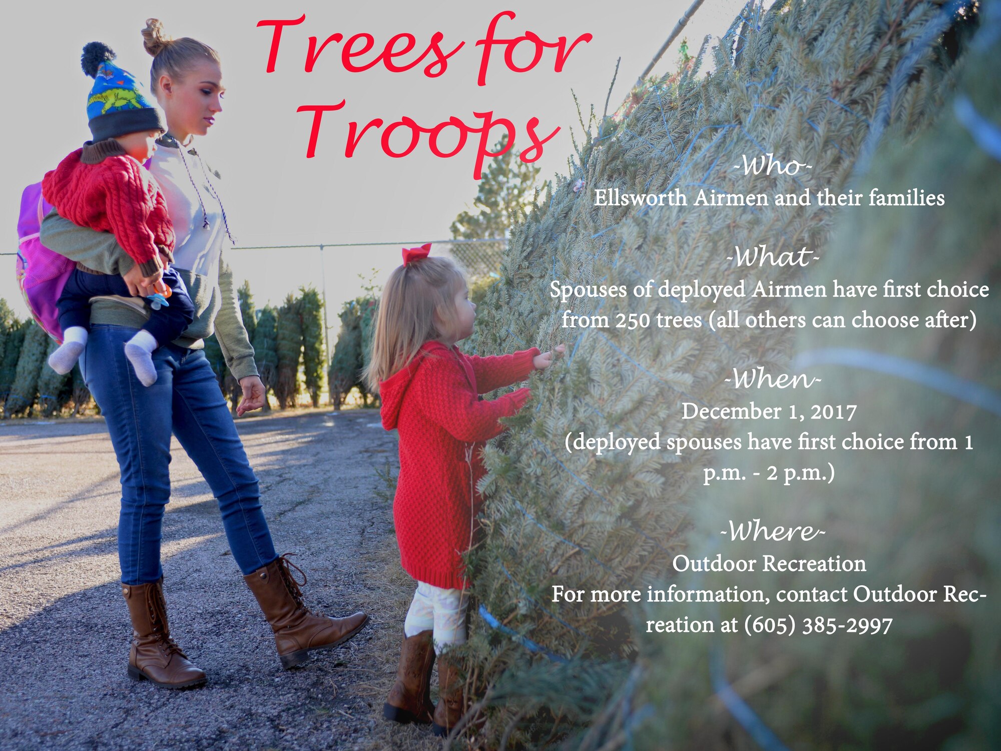 A family picks a Christmas tree during Ellsworth’s ninth annual Trees for Troops event Dec. 2, 2016. This year was Thompson’s first time participating in the program, and says it was a wonderful feeling being able to have a Christmas tree. (U.S. Air Force photo illustration by Senior Airman Denise M. Jenson)