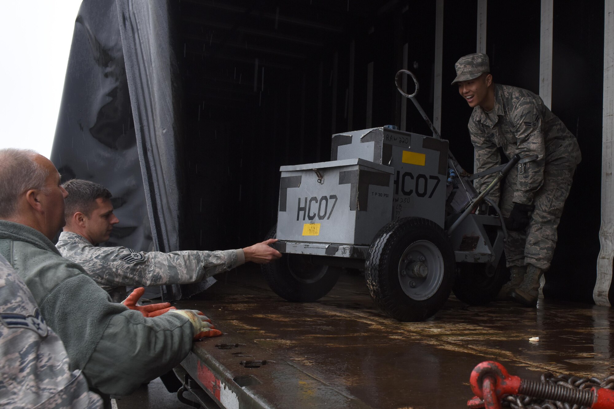 Airmen assigned to the 48th Logistics Readiness Squadron transport equipment at Royal Air Force Lakenheath, England, Oct. 18. The ground transportation element of the 48th LRS is responsible for transporting the necessary parts and equipment to maintainers. (U.S. Air Force photo/Airman 1st Class Eli Chevalier)