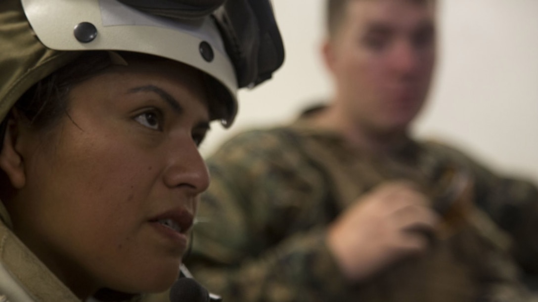 U.S. Marine Corps Gunnery Sgt. Carmen Christman, a logistics mobility chief with the USS Essex, gives instructions to Marines and Sailors about embarking procedures during Exercise Dawn Blitz, Oct. 27, 2017. Dawn Blitz is a scenario-driven amphibious exercise conducted between Expeditionary Strike Group 3 and 1st Marine Expeditionary Brigade, testing their ability to conduct amphibious operations in response to global crises and to project power ashore as part of a Navy-Marine Corps team.