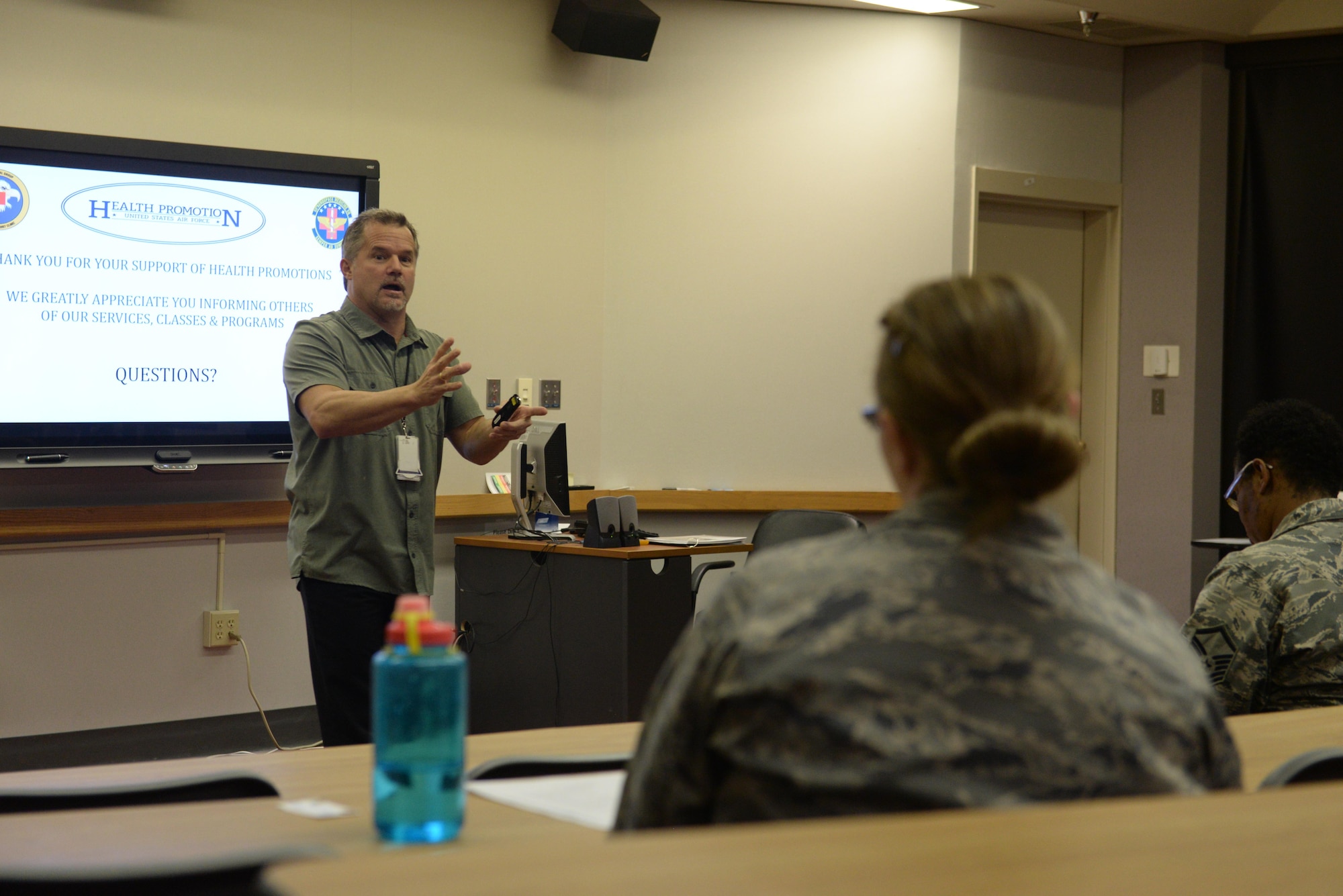 Roger Nelson, Health Promotion coordinator, leads a class about the programs now being offered at the new Health Promotion office, formerly the Health and Wellness Center, at the 55th Medical Groups education center on Nov. 22, 2017 on Offutt Air Force Base, Neb.