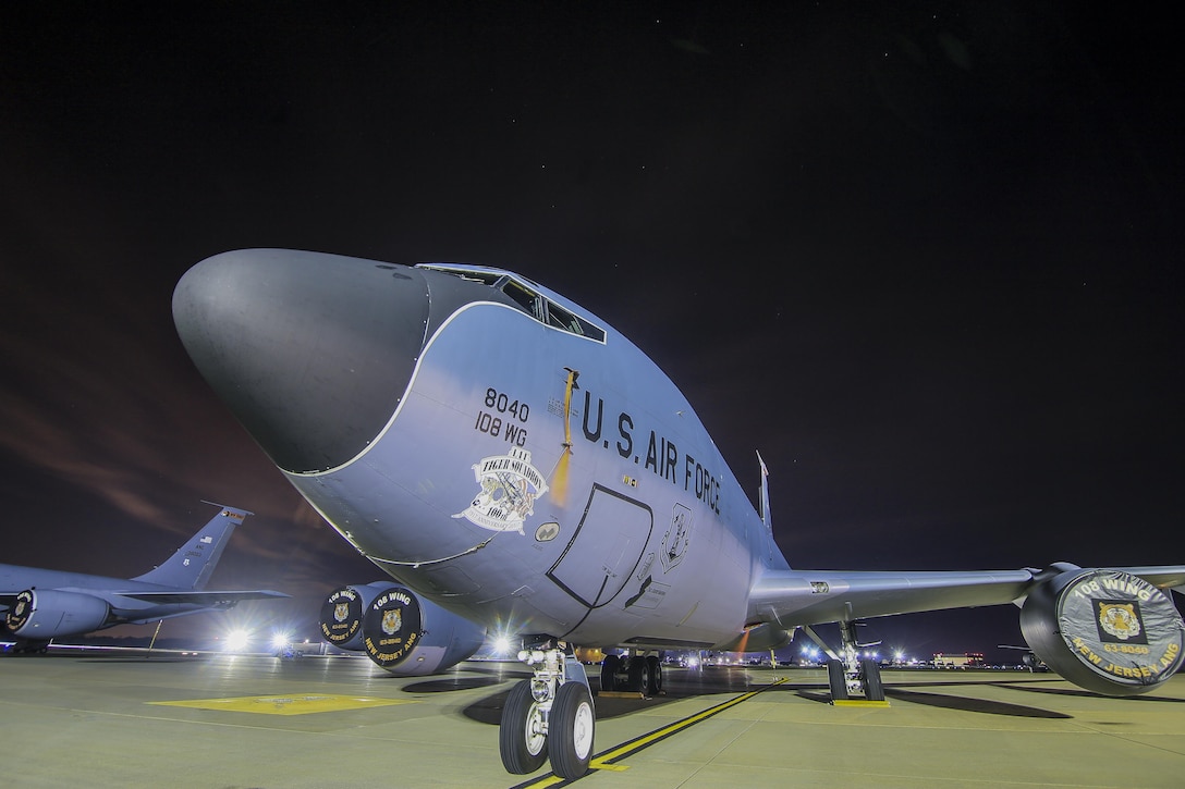 A New Jersey National Guard KC-135R Stratotanker from the 108th Wing sits on the flightline on Joint Base McGuire-Dix-Lakehurst, N.J, Nov. 21, 2017. This photo was captured with a 30 second exposure. (U.S. Air National Guard photo by Master Sgt. Matt Hecht)