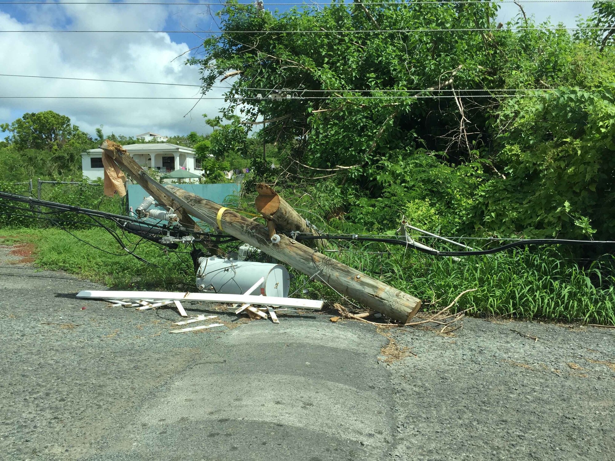 Fallen power lines and uprooted trees litter the streets of St. Croix where Claudette Wells, an acquisition program manager for the Air Force Technical Applications Center, Patrick AFB, Fla., volunteered to serve as a disaster relief worker for the Federal Emergency Management Agency after Hurricane Maria impacted the island.  "The damage was unimaginable," said Wells.  (U.S. Air Force photo by M. Claudette Wells)
