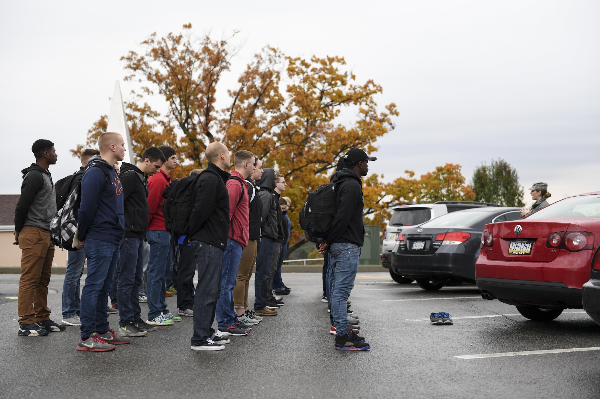 Members of the 911th Airlift Wing's Development and Training Flight stand at parade rest at the Pittsburgh International Airport Air Reserve Station, November 5, 2017. Members of this flight are trainees who have yet to complete Basic Military Training. (U.S. Air Force photo by Senior Airman Beth Kobily)