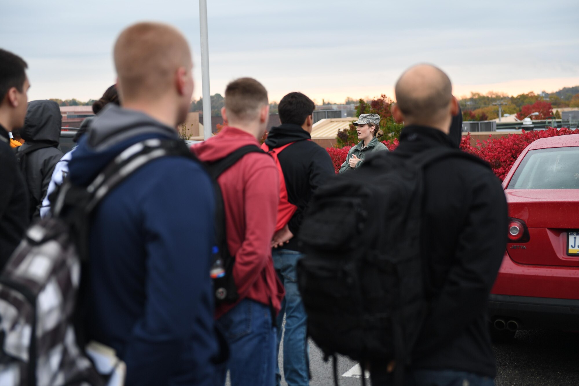 Staff Sgt. Vanessa Norris, flight manager of the 911th Airlift Wing's Development and Training Flight, speaks to members of the flight at the Pittsburgh International Airport Air Reserve Station, November 5, 2017. The Development and Training Flight is a program instituted by Air Force Reserve Command to prepare Air Force Reserve trainees for Basic Military Training, as well as their future as Reservists. (U.S. Air Force photo by Senior Airman Beth Kobily)