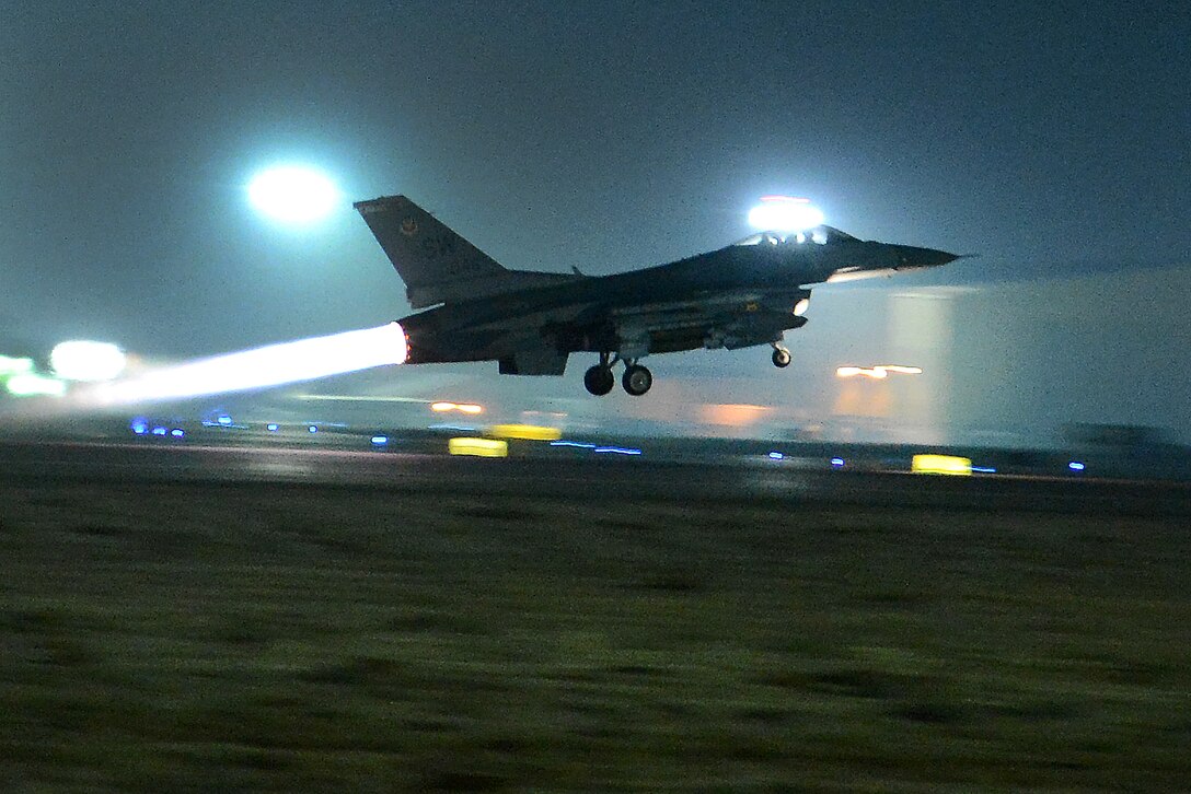 An F-16 Fighting Falcon goes airborne during a mission from Bagram Airfield, Afghanistan.