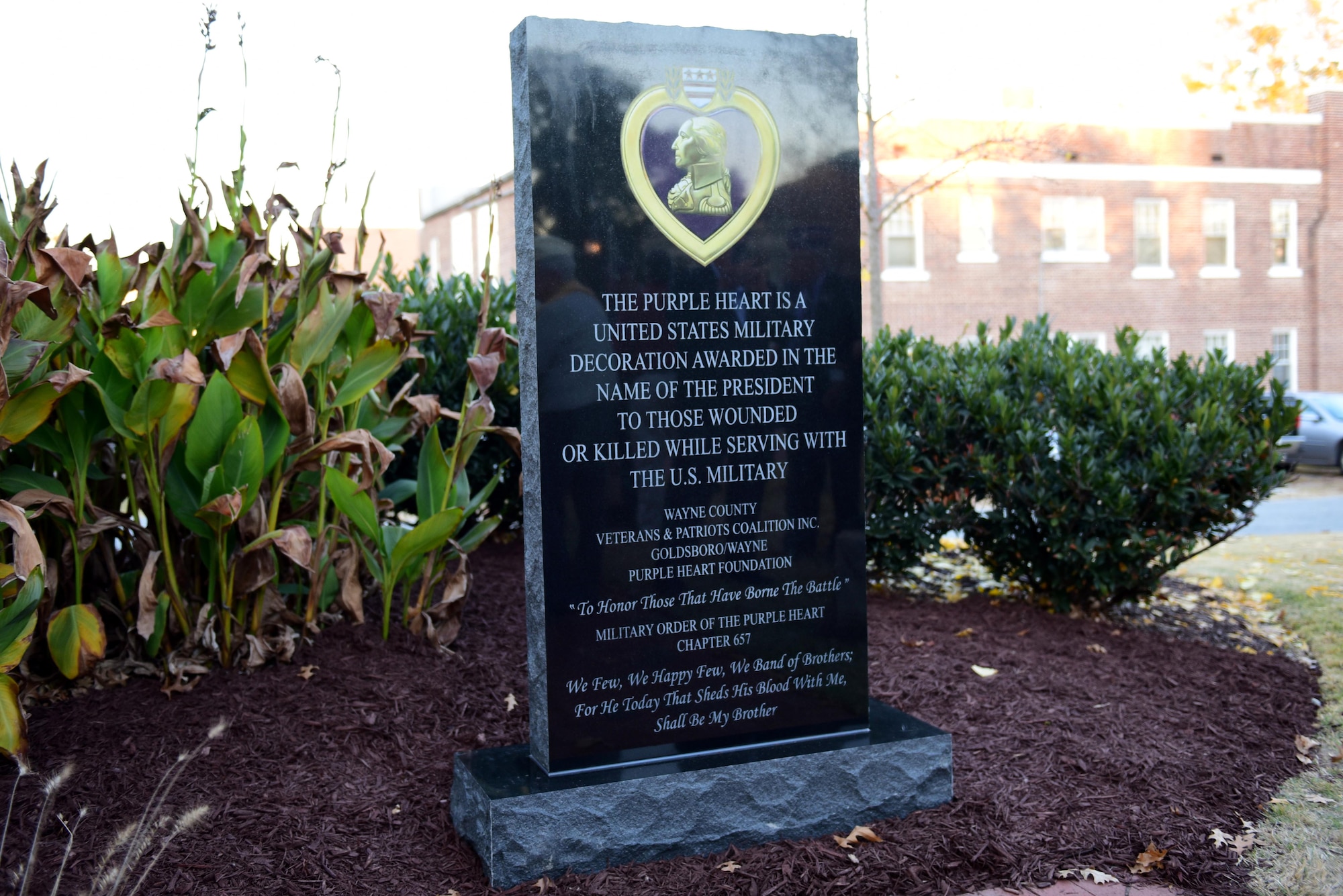 A Purple Heart memorial monument is presented during the Purple Heart memorial dedication ceremony Nov. 29, 2017, at the Wayne County Veteran’s Memorial, Goldsboro, North Carolina.