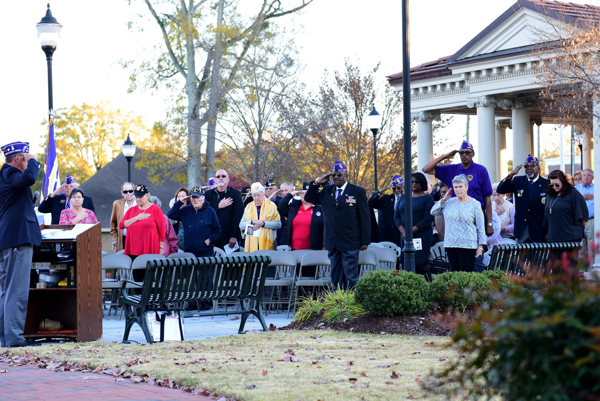 Recipients of the Purple Heart medal and members of the community gather for a Purple Heart memorial dedication ceremony Nov. 29, 2017, at the Wayne County Veteran’s Memorial, Goldsboro, North Carolina.