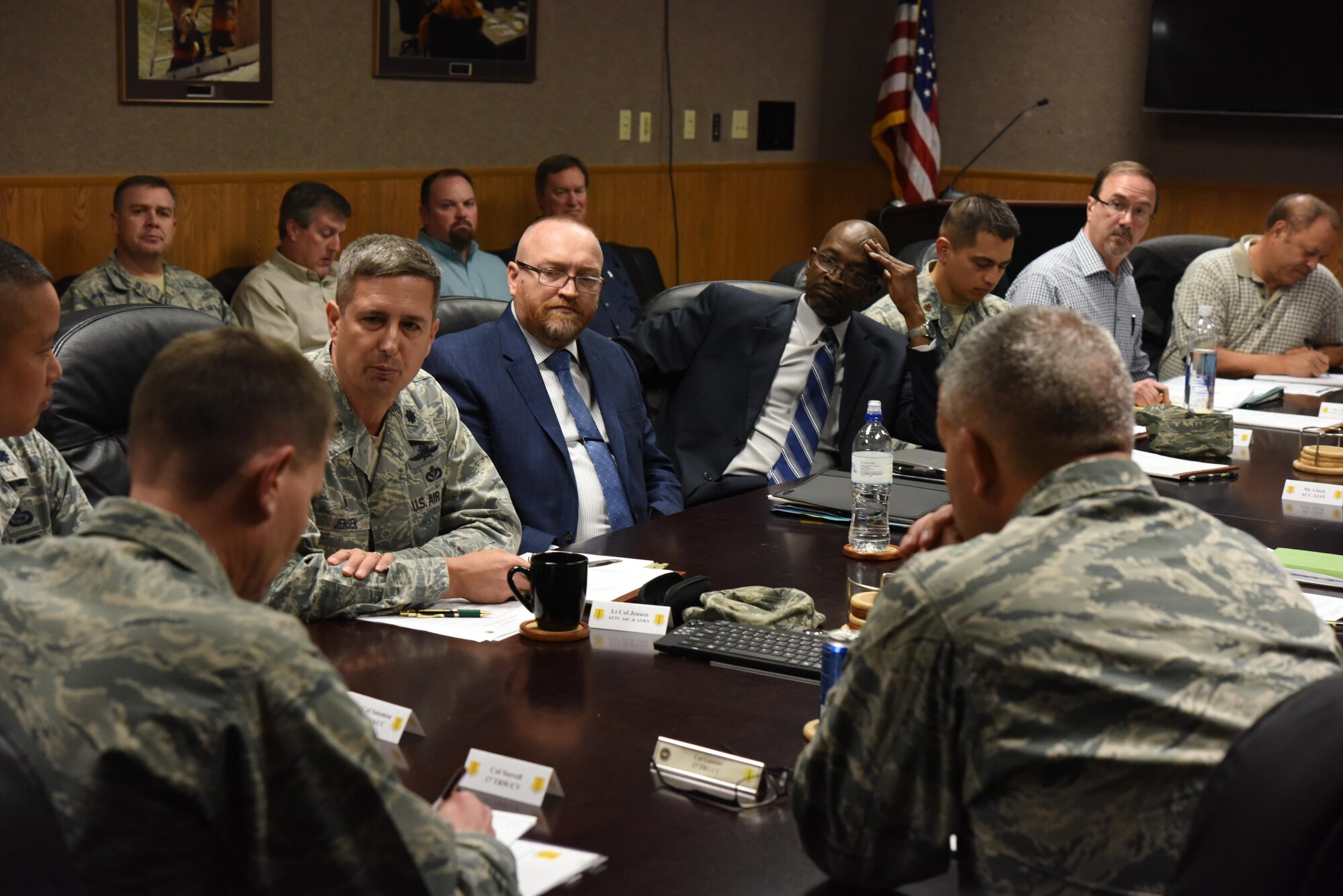 U.S. Air Force Col. Jeffrey Sorrell, 17th Training Wing vice commander, thanks the team for their support the Brandenburg Hall on Goodfellow Air Force Base, Texas, Nov. 29, 2017. Sorrell spoke to both Air Education Training Command and Air Combat Command and mentioned looking forward to working with them on this vital effort. (U.S. Air Force photo by Airman 1st Class Zachary Chapman/Released)