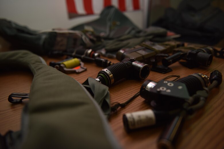 The parts of disassembled parachute harness are laid out for display during an egress training session Nov. 21, 2017 at Whiteman Air Force Base, Missouri. Egress training is required for all flyers to ensure all Airmen are educated on properly ejecting from an aircraft in case of an emergency.