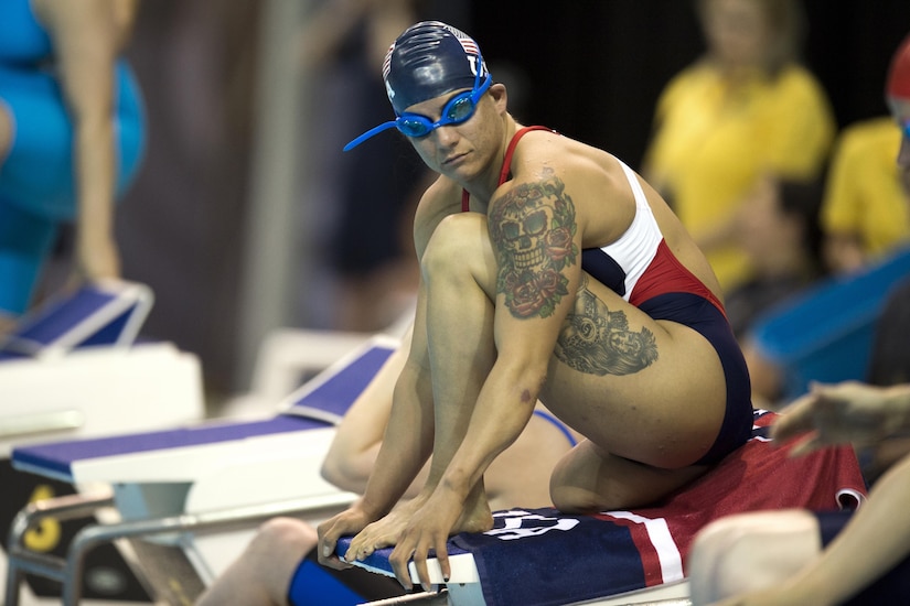 Medically retired Air Force Staff Sgt. Sebastiana Lopez-Arellano readies for a swimming event during the 2017 Invictus Games in Toronto, Sept. 29, 2017. DoD photo by EJ Hersom