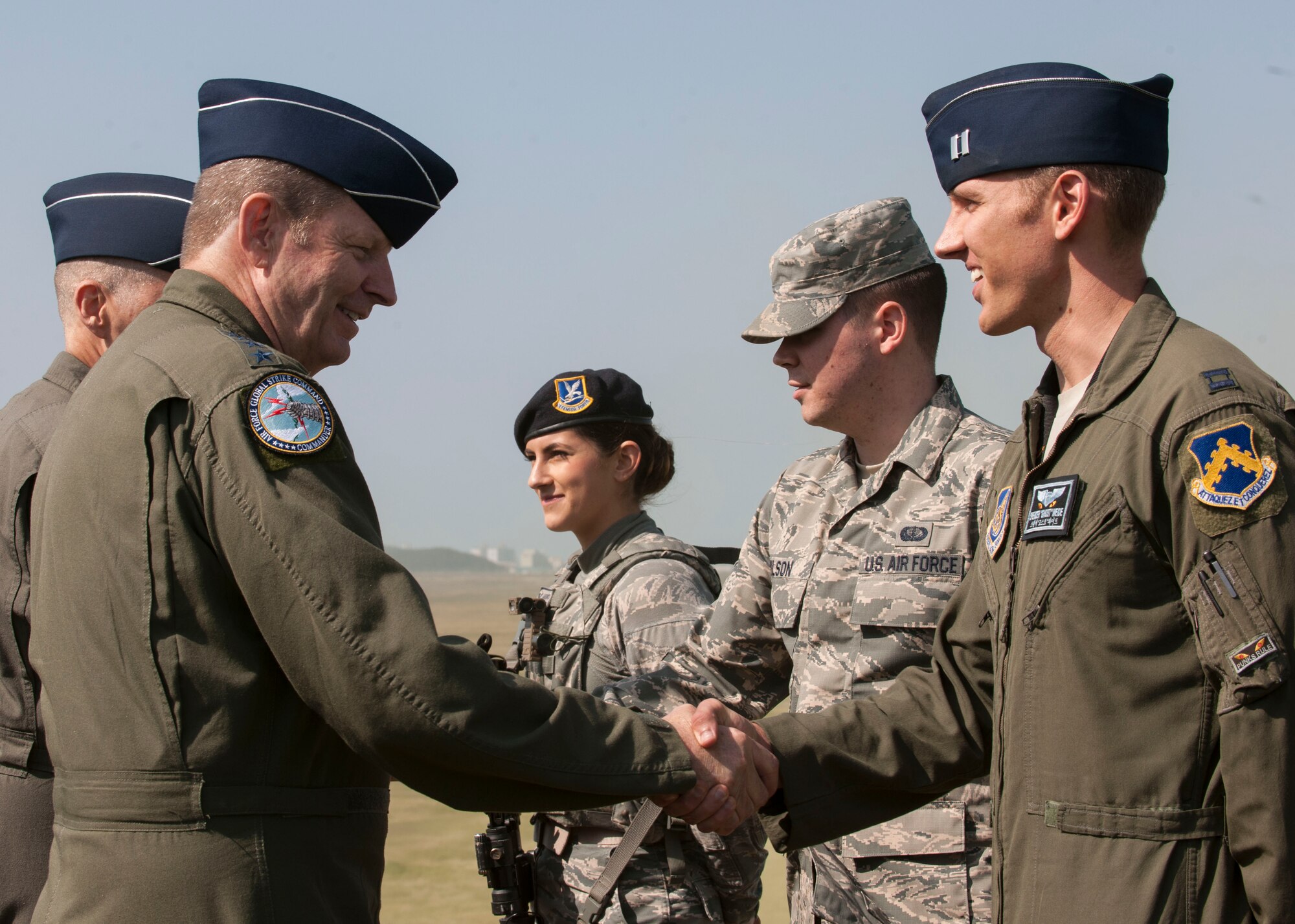 U.S. Air Force Gen. Robin Rand, Air Force Global Strike Command commander, meets with Airmen while touring Kunsan Air Base, Republic of Korea, Sept. 28, 2017. During the three-day visit Rand saw first-hand the current mission capabilities of the Wolf Pack and how its Airmen carry out the missions of defending the base, accepting follow-on forces and taking the fight north. (U.S. Air Force photo by Staff Sgt. Victoria H. Taylor)