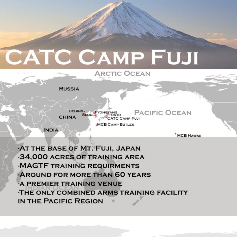 CATC Camp Fuji is located at the base of the highest mountain in Japan, Mount Fuji, and is a premier training venue that is used by U.S. armed forces and the Japan Self-Defense Force. It is 34,000 acres of training area, and is the only combined arms training facility in the Pacific Region.