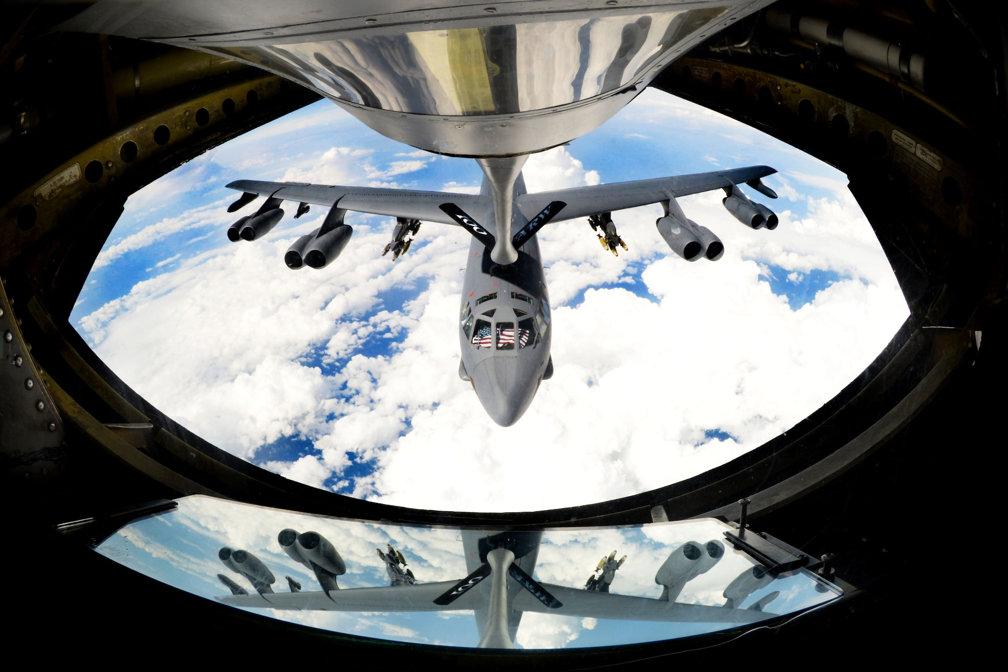 A B-52 Stratofortress from Barksdale Air Force Base, La., receives fuel from a KC-135 Stratotanker from RAF Mildenhall, England, above the Mediterranean Sea, Sept. 27, 2017. The B-52 is a long-range, heavy bomber that can perform a variety of missions. During this flight, the KC-135 offloaded 55,000 pounds of fuel to the B-52. (U.S. Air Force photo by Senior Airman Tenley Long)