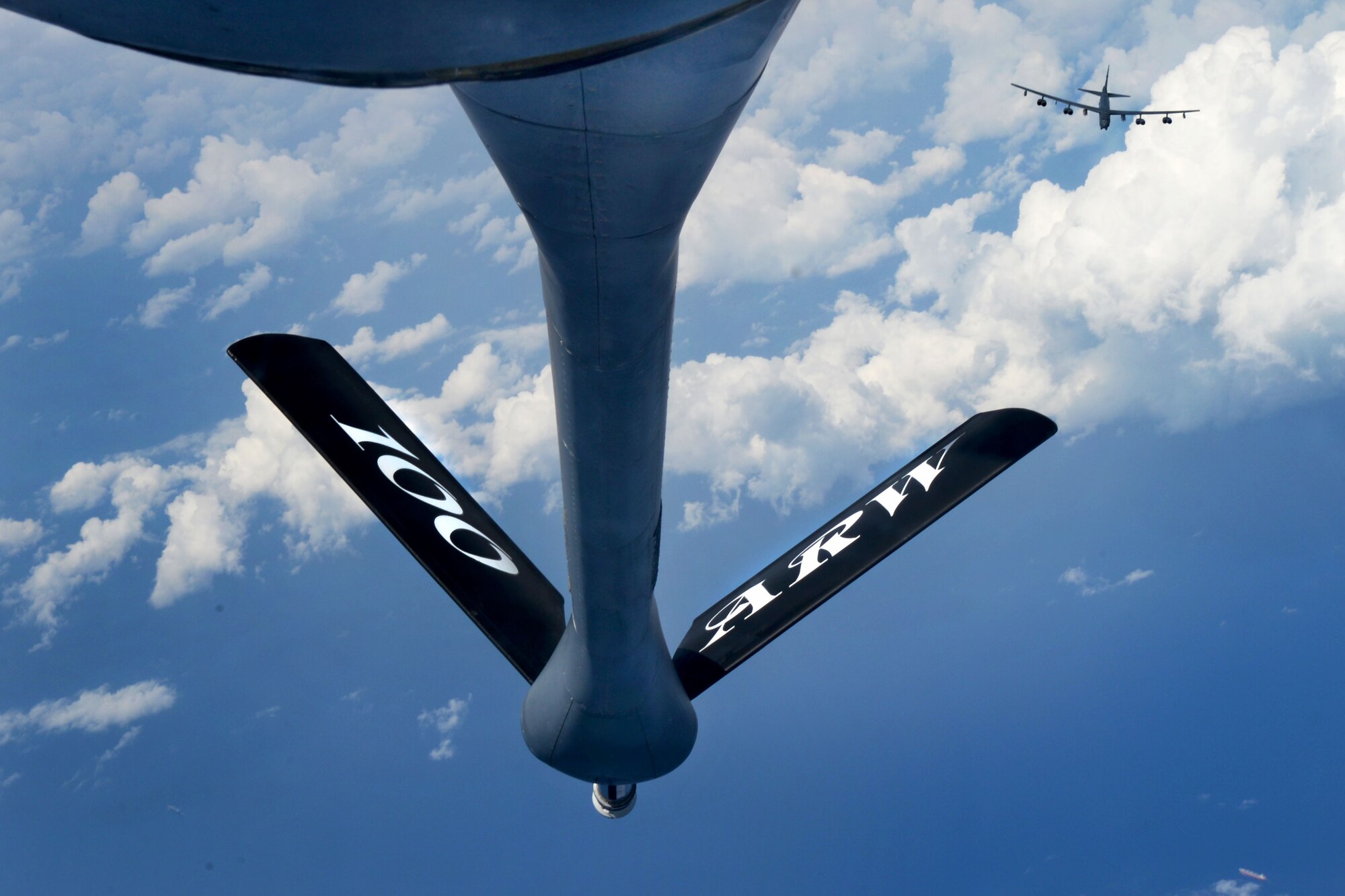 A B-52 Stratofortress from Barksdale Air Force Base, La., approaches a KC-135 Stratotanker from RAF Mildenhall, England, above the Mediterranean Sea, Sept. 27, 2017. The B-52 is a long-range, heavy bomber that can perform a variety of missions. The B-52s conduct routine deployments that support the United States’ mission to maintain ready and postured forces on land, in the air and at sea. (U.S. Air Force photo by Senior Airman Tenley Long)