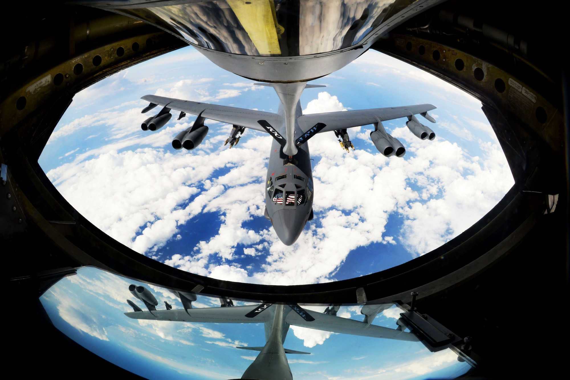A B-52 Stratofortress from Barksdale Air Force Base, La., receives fuel from a KC-135 Stratotanker from RAF Mildenhall, England, above the Mediterranean Sea, Sept. 27, 2017. The B-52 is a long-range, heavy bomber that can perform a variety of missions. During this flight, the KC-135 offloaded 55,000 pounds of fuel to the B-52. (U.S. Air Force photo by Senior Airman Tenley Long)