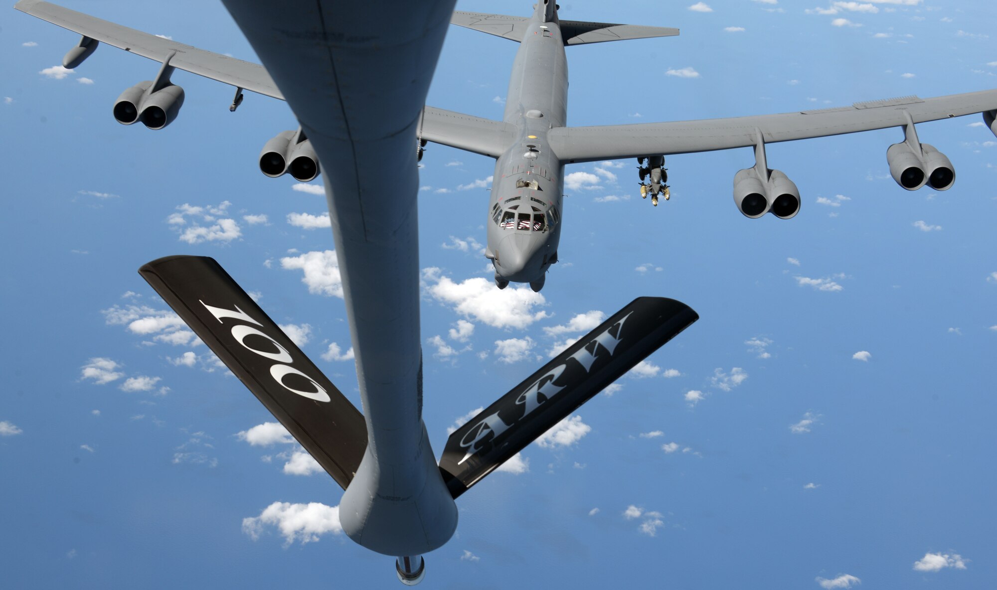 A U.S. Air Force B-52 Stratofortress from Barksdale Air Force Base, La, approaches a KC-135 Stratotanker from RAF Mildenhall, England, Sept. 27, 2017, over the Mediterranean Sea. Part of the B-52’s training during its deployment includes releasing inert ordnance while flying over controlled airspace areas of the Netherlands and the United Kingdom.  (U.S. Air Force photo by Airman 1st Class Benjamin Cooper)