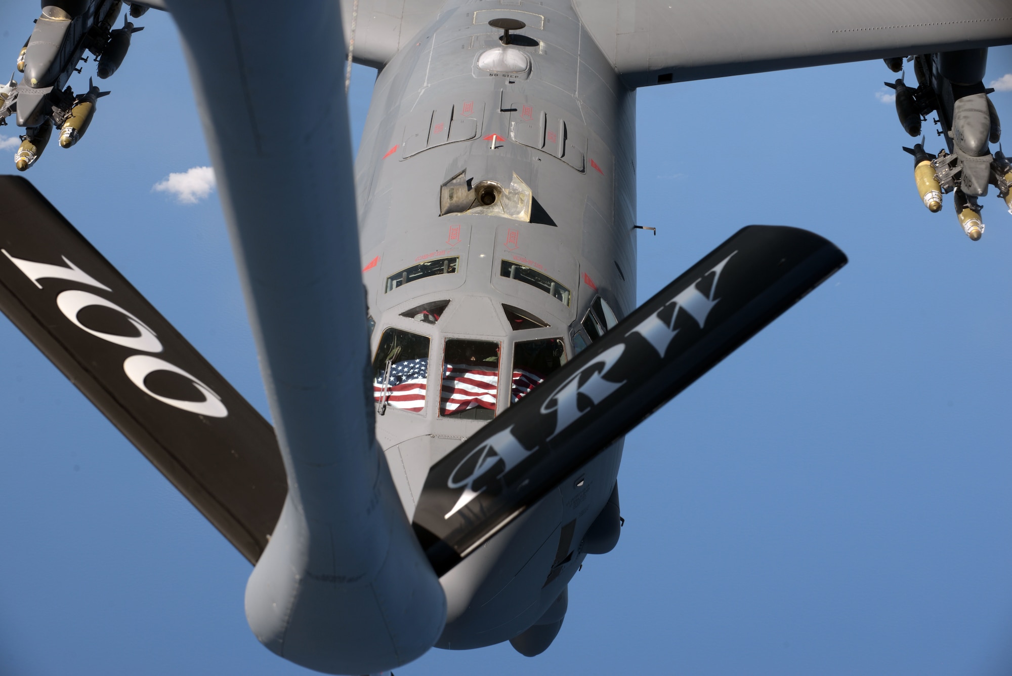 A U.S. Air Force B-52 Stratofortress from Barksdale Air Force Base, La, prepares to receive fuel from a KC-135 Stratotanker from RAF Mildenhall, England, Sept. 27, 2017, over the Mediterranean Sea. Part of the B-52’s training during its deployment includes releasing inert ordnance while flying over controlled airspace areas of the Netherlands and the United Kingdom.  (U.S. Air Force photo by Airman 1st Class Benjamin Cooper)