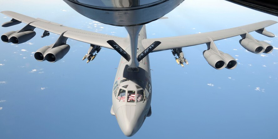 A U.S. Air Force B-52 Stratofortress from Barksdale Air Force Base, La, receives fuel from a KC-135 Stratotanker from RAF Mildenahall, England, Sept. 27, 2017, over the Mediterranean Sea.  Part of the B-52’s training during its deployment includes releasing inert ordnance while flying over controlled airspace areas of the Netherlands and the United Kingdom.  (U.S. Air Force photo by Airman 1st Class Benjamin Cooper)