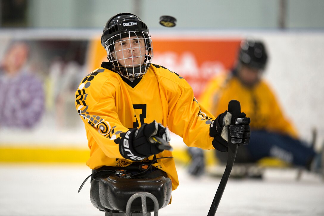 A person sitting on a sled wearing hockey gear tosses a puck into the air.
