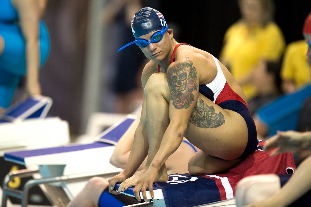 Air Force retired Staff Sgt. Sebastiana Lopez-Arellano prepares for a swimming event during Invictus Games 2017.