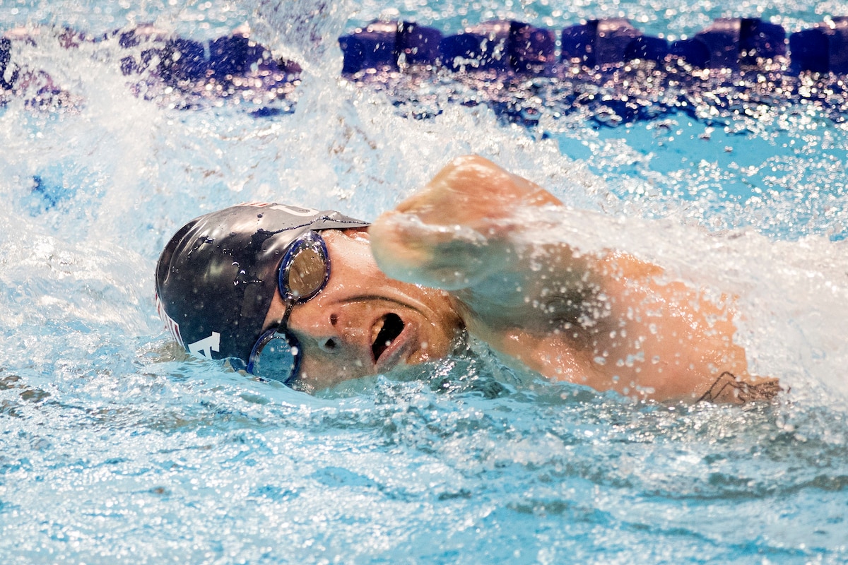 Marine Corps veteran Sgt. Michael Nicholson competes in a finals 50 meter freestyle swimming event.