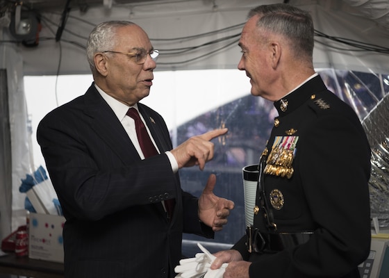 Army Gen.Colin L. Powell, (Ret.) speaks with Marine Corps Gen. Joseph F. Dunford Jr., chairman of the Joint Chiefs of Staff, before the National Memorial Day Concert at the west lawn of the U.S. Capitol, Washington, D.C., May 28, 2017. The concert’s mission is to unite the country in remembrance and appreciation of the fallen and to serve those who are grieving. (Dept. of Defense photo by Navy Petty Officer 2nd Class Dominique A. Pineiro/Released)