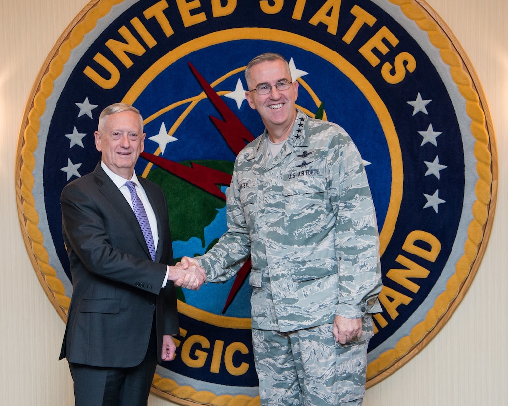 Secretary of defense meets with commander of U.S. Strategic Command.