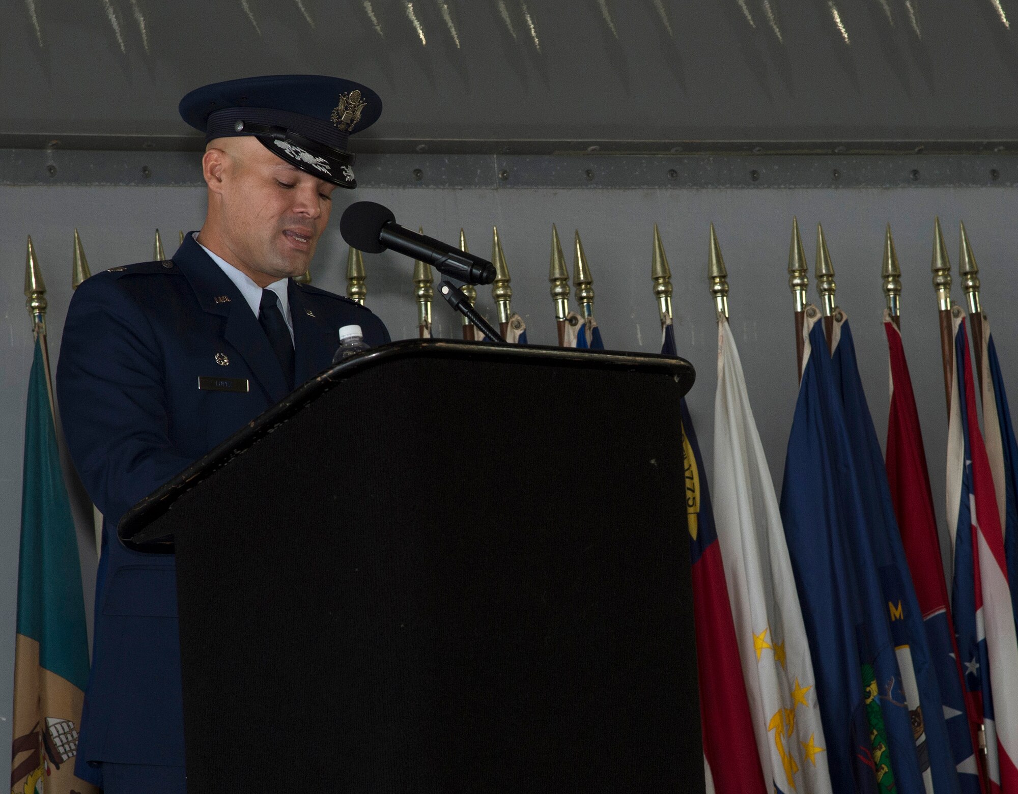 U.S. Air Force Lt. Col. Ricardo Lopez, commander of the 50th Air Refueling Squadron, gives a speech during his assumption of command ceremony at MacDill Air Force Base, Fla., Oct. 2, 2017.