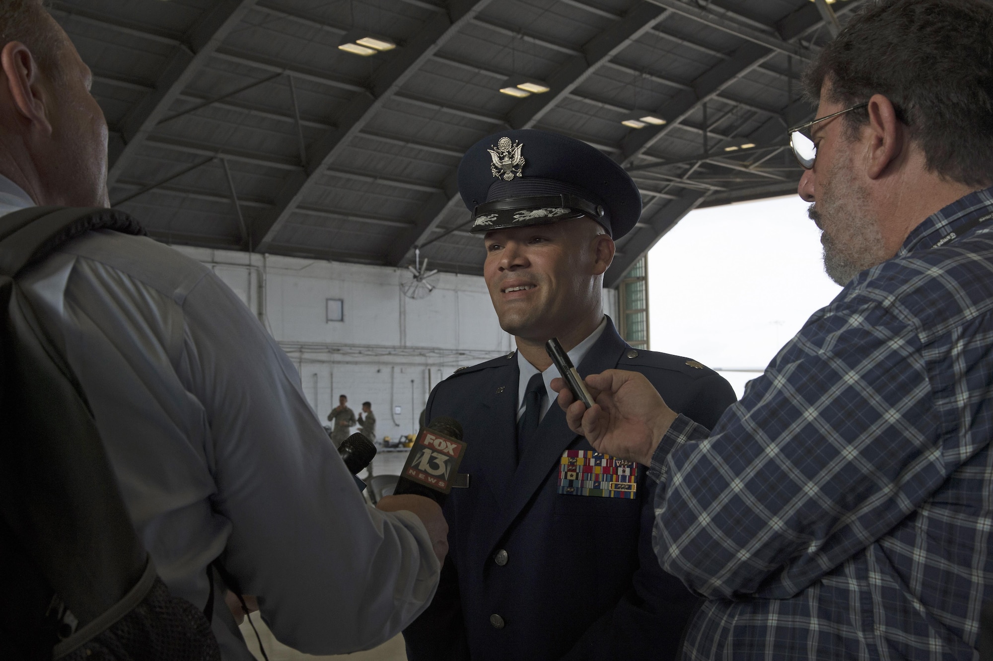 U.S. Air Force Lt. Col. Ricardo Lopez, commander of the 50th Air Refueling Squadron (ARS), meets with the media after his assumption of command ceremony at MacDill Air Force Base, Fla., Oct. 2, 2017.