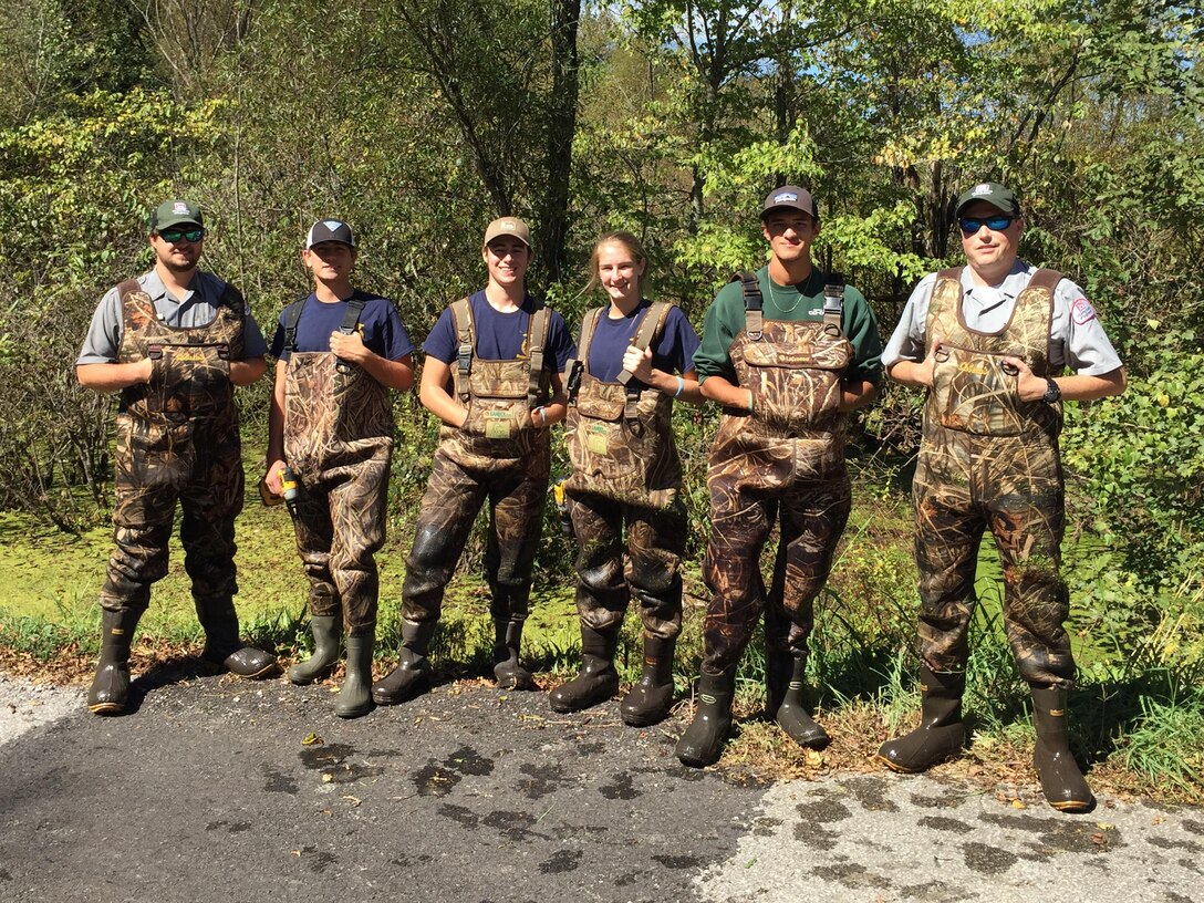 Students from Montgomery Center High School's Agriculture Academy pose with U.S. Army Corps of Engineers Nashville District park rangers at Cheatham Lake in Ashland City, Tenn., Sept. 29, 2017.  They installed wood duck boxes as part of National Public Lands Day activities. (USACE photo by Park Ranger Dean Austin)