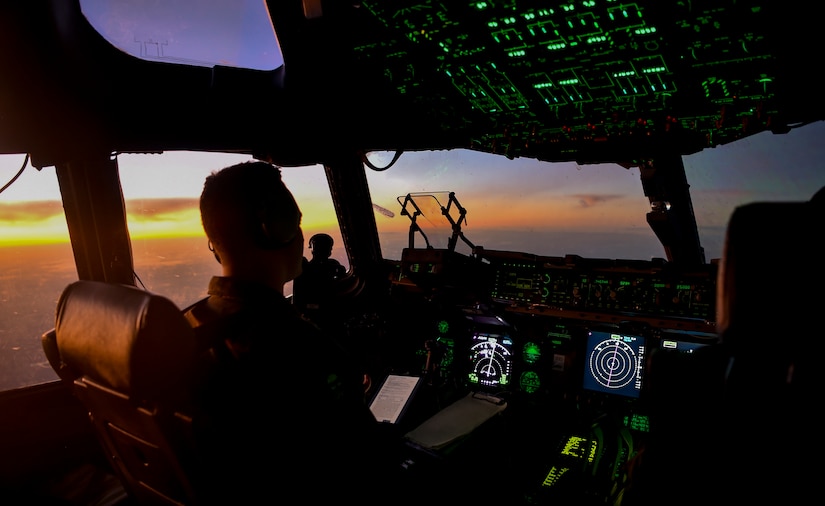 Capt. Jared Powell, 15th Airlift Squadron C-17 Globemaster III aircraft commander, flies a C-17 to pick up aid cargo for a humanitarian mission to Puerto Rico, Sept. 28th, 2017.