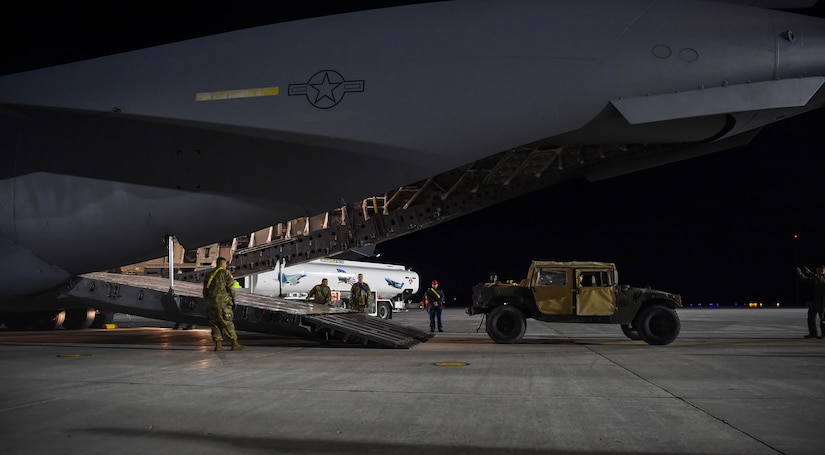 A Humvee is loaded on to a C-17 Globemaster III at Fort Drum, N.Y, Sept. 28th, 2017.