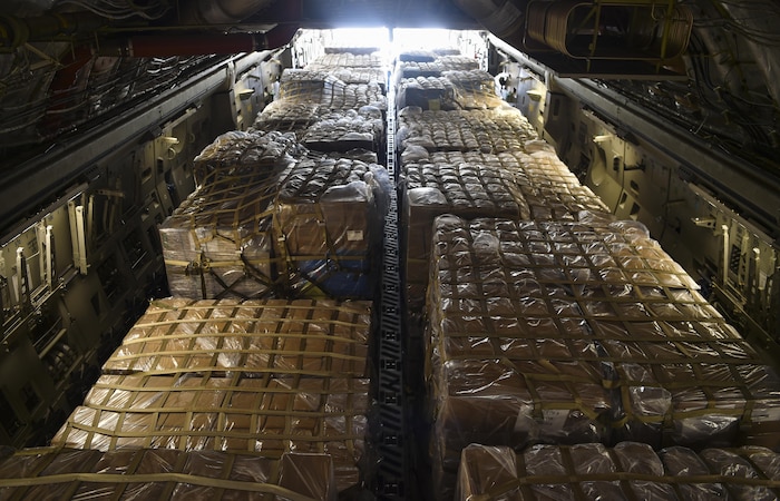 Cargo is loaded onto a C-17 Globemaster III at Kelly Airfield, Texas, Sept. 30th, 2017.