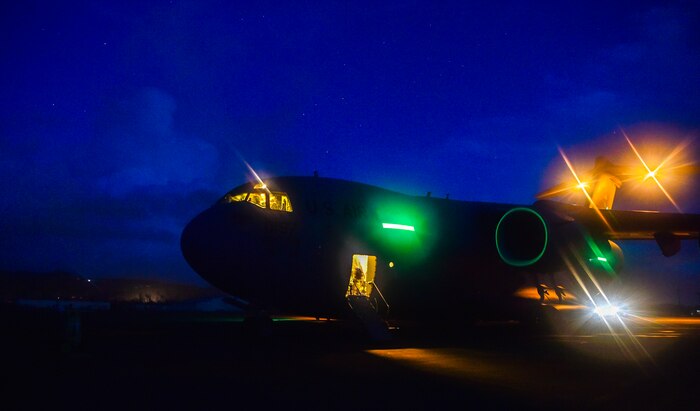 A C-17 Globemaster III is offloaded at Ceiba, Puerto Rico, Sept. 29th, 2017.