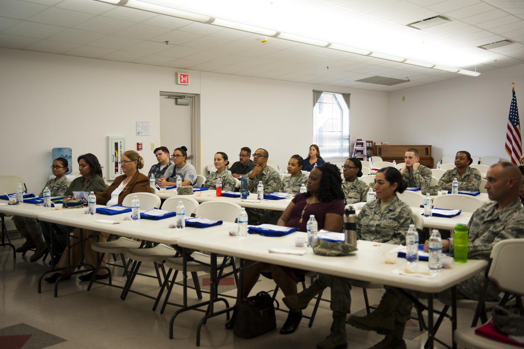 Members from all over Goodfellow attend a food demonstration hosted by the San Angelo Community Medical Center executive chef at the Taylor Chapel on Goodfellow Air Force Base, Texas, Sept. 26, 2017. The event stressed the ease of cooking healthily and managing time. (U.S. Air Force photo by Senior Airman Scott Jackson/Released)
