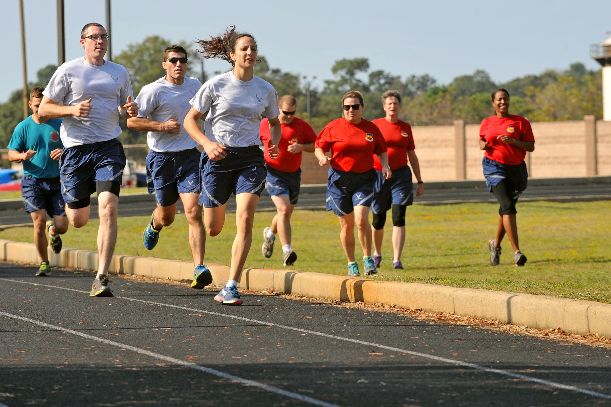 U.S Airmen assigned to the 20th Medical Group run during a Warrior Day commander’s challenge at Shaw Air Force Base, S.C., Sept. 29, 2017.