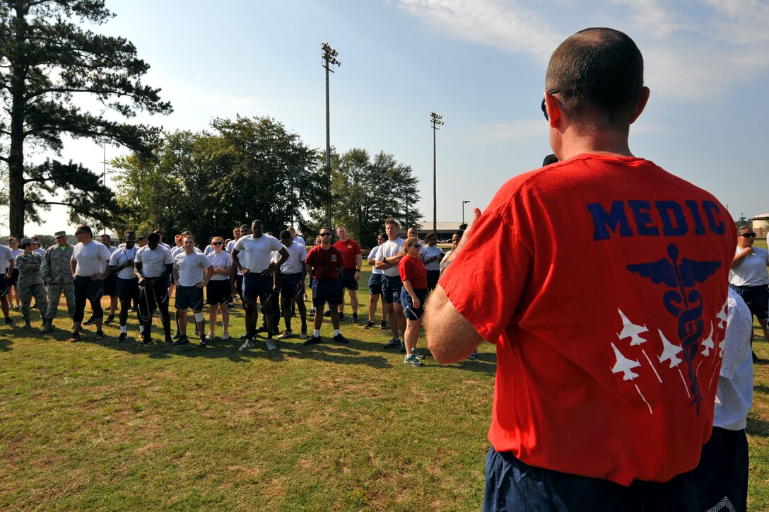 U.S. Air Force Col. Brian Wyrick, 20th Medical Group commander, speaks to attendees following the conclusion of Warrior Day events at Shaw Air Force Base, S.C., Sept. 29, 2017.