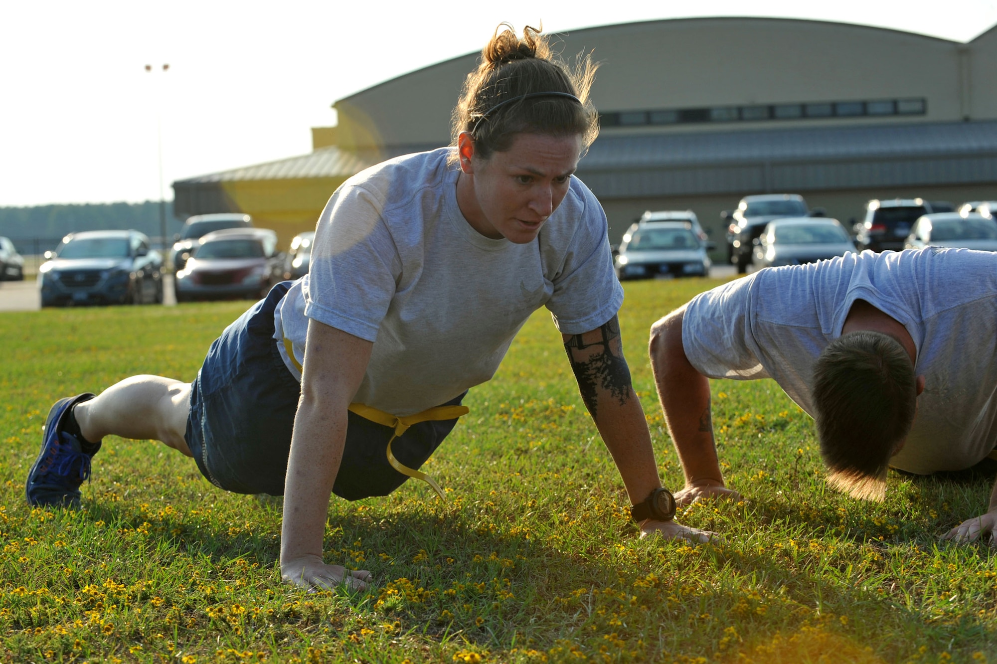U.S. Air Force 1st Lt. Margaret Haley, 20th Civil Engineer Squadron explosive ordnance disposal flight commander, performs pushups during a Warrior Day challenge hosted by the 20th Medical Group at Shaw Air Force Base, S.C., Sept. 29, 2017.