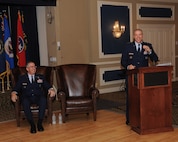 U.S. Air Force Maj. Gen. Thomas A Bussiere, outgoing commander of Joint Functional Component Command for Global Strike (JFCC GS), speaks at the inactivation ceremony at the Patriot Club on Offutt Air Force Base, Neb., Oct. 2, 2017.  U.S. Strategic Command inactivated JFCC GS as part of the command’s restructure of its components to build a coherent and streamlined warfighting structure. The restructure will enhance integration throughout the deterrence enterprise and match the organizational structure of other warfighting commands.