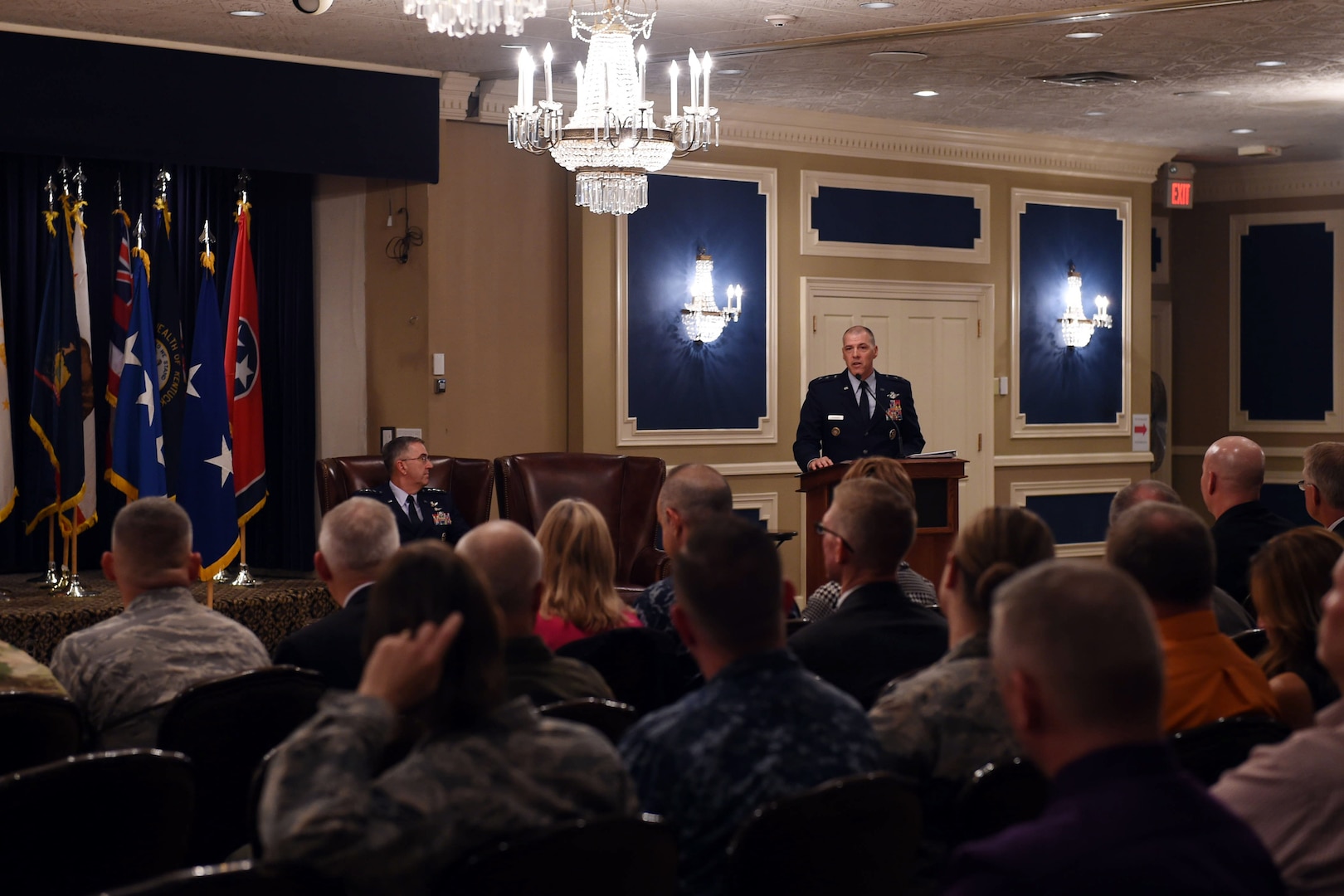 U.S. Air Force Maj. Gen. Thomas A Bussiere, outgoing commander of Joint Functional Component Command for Global Strike (JFCC GS), speaks at the inactivation ceremony at the Patriot Club on Offutt Air Force Base, Neb., Oct. 2, 2017.  U.S. Strategic Command inactivated JFCC GS as part of the command’s restructure of its components to build a coherent and streamlined warfighting structure. The restructure will enhance integration throughout the deterrence enterprise and more closely match the organizational structure of other warfighting commands. (U.S. Navy photo by Mass Communication Specialist 1st Class Julie Matyascik)