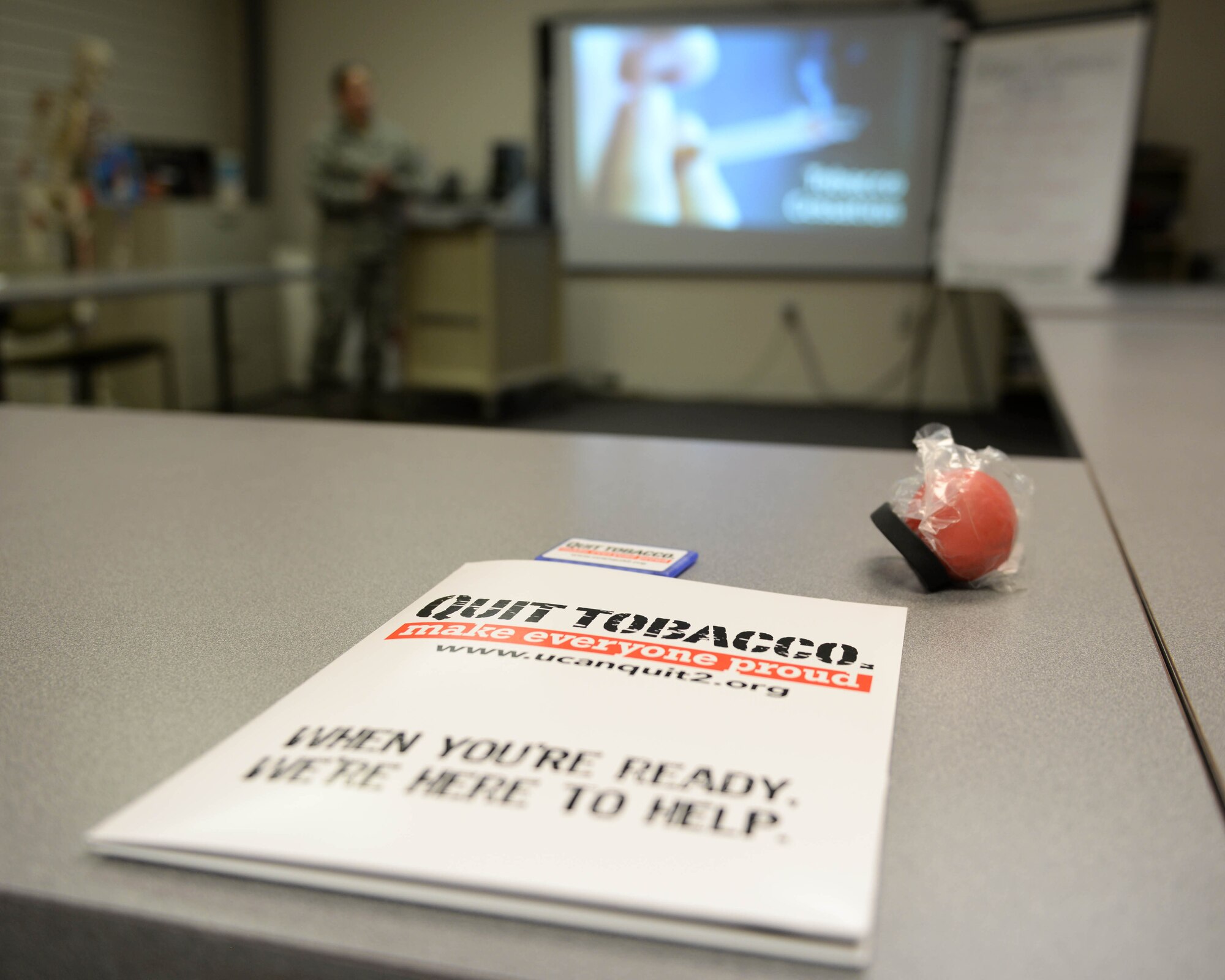 A tobacco cessation information packet sits on a table during a class held September 28, 2017, at Joint Base Elmendorf-Richardson, Alaska. JBER’s Health and Wellness Center currently offers tobacco cessation classes, programs and options to aide in an individual’s plan for success at quitting tobacco.