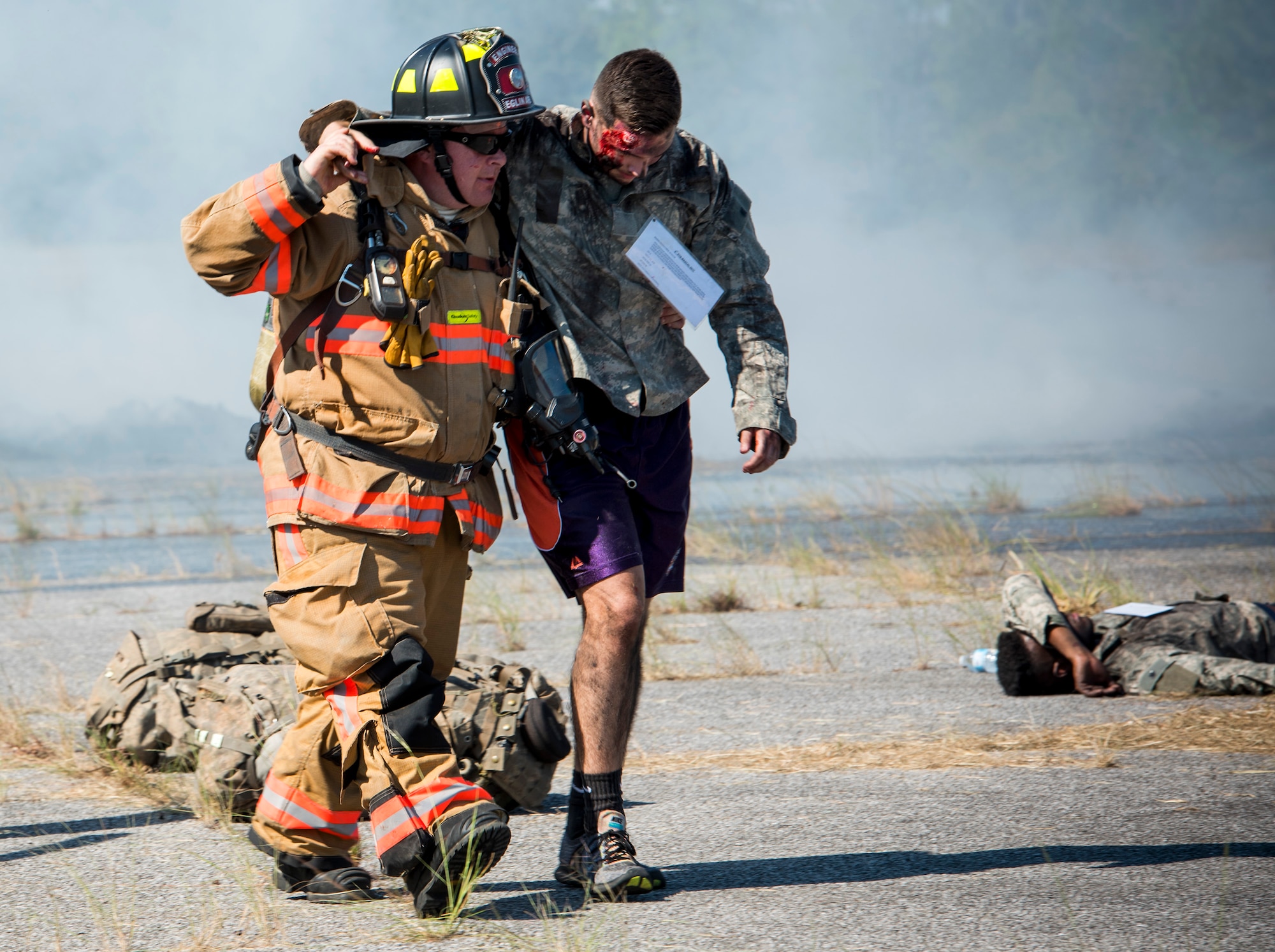 First responders from the 6th RTB, the 96th Civil Engineer Group Fire Department, 96th Security Forces Squadron, Okaloosa County Emergency Medical Services and Okaloosa Med Flight responded to a simulated mid-air helicopter collision and crash on the range. The realistic exercise with more than 20 injuries served to validate the 6 RTB’s mass casualty exercise procedures and their ability to work as part of a unified command.