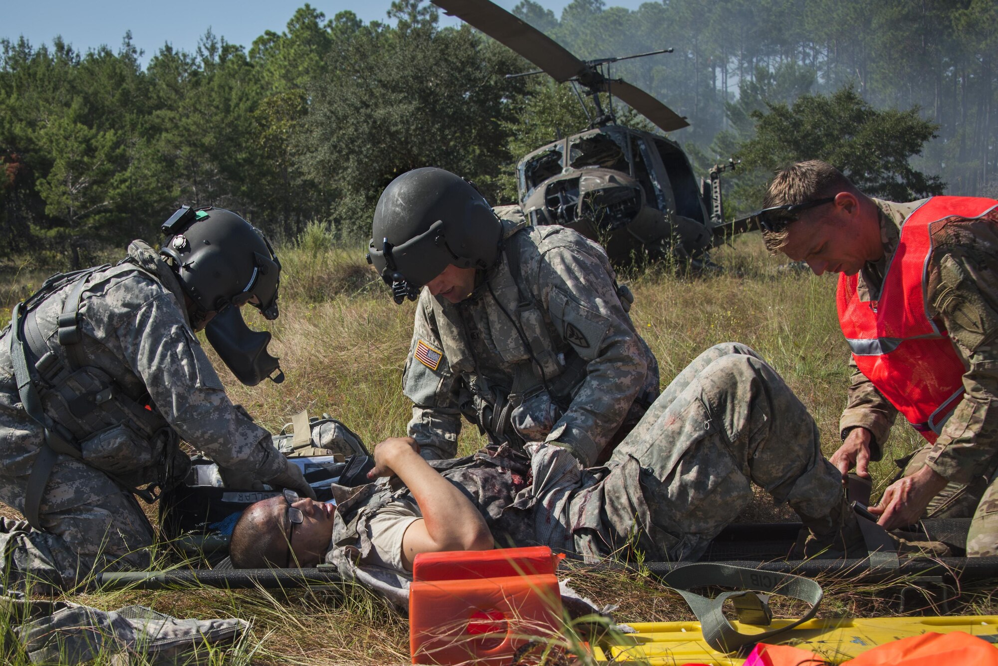 First responders from the 6th RTB, the 96th Civil Engineer Group Fire Department, 96th Security Forces Squadron, Okaloosa County Emergency Medical Services and Okaloosa Med Flight responded to a simulated mid-air helicopter collision and crash on the range. The realistic exercise with more than 20 injuries served to validate the 6 RTB’s mass casualty exercise procedures and their ability to work as part of a unified command.