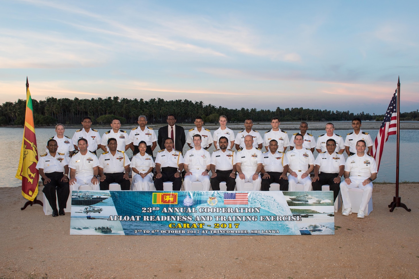 U.S. Navy Sailors, assigned to various Navy Expeditionary Combat Commands, and Sri Lankan Navy personnel pose for a photo during Cooperation Afloat Readiness and Training (CARAT) Sri Lanka 2017 in Trincomalee, Sri Lanka, Oct. 2, 2017. CARAT is a series of annual maritime exercises between the U.S. Navy, U.S. Marine Corps and the armed forces of partner nations to include Bangladesh, Brunei, Indonesia, Malaysia, Sri Lanka, Singapore, Thailand and Timor-Leste.