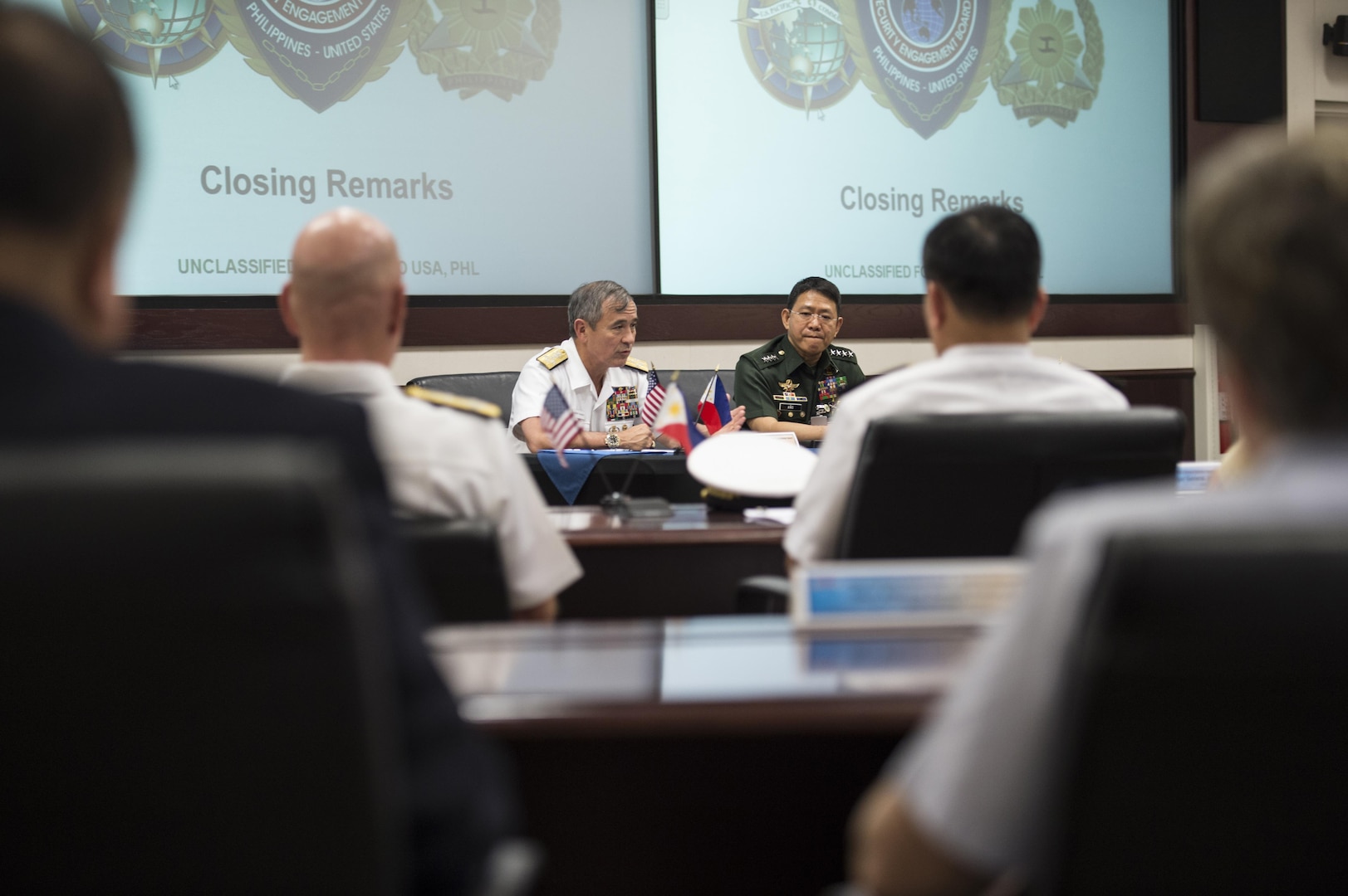 CAMP H.M. SMITH, Hawaii (Sept. 28, 2018) — Adm. Harry Harris, Commander of U.S. Pacific Command (PACOM), and Gen. Eduardo Año, Chief of Staff for the Armed Forces of the Philippines, deliver their closing remarks during a conference for the Mutual Defense Board (MDB) and Security Engagement Board (SEB). During Año’s two-day visit to PACOM, he and Harris discussed changes to the MDB and SEB. The MDB provides direct liaison and consultation on military matters of mutual concern to develop and improve both countries’ common defense. The SEB provides the framework and mechanism for continuing liaison and consultation on non-traditional threats to security such as terrorism, transnational crimes, maritime security, and natural and man-made disasters. (U.S. Navy photo by Mass Communication Specialist 2nd Class James Mullen/Released)