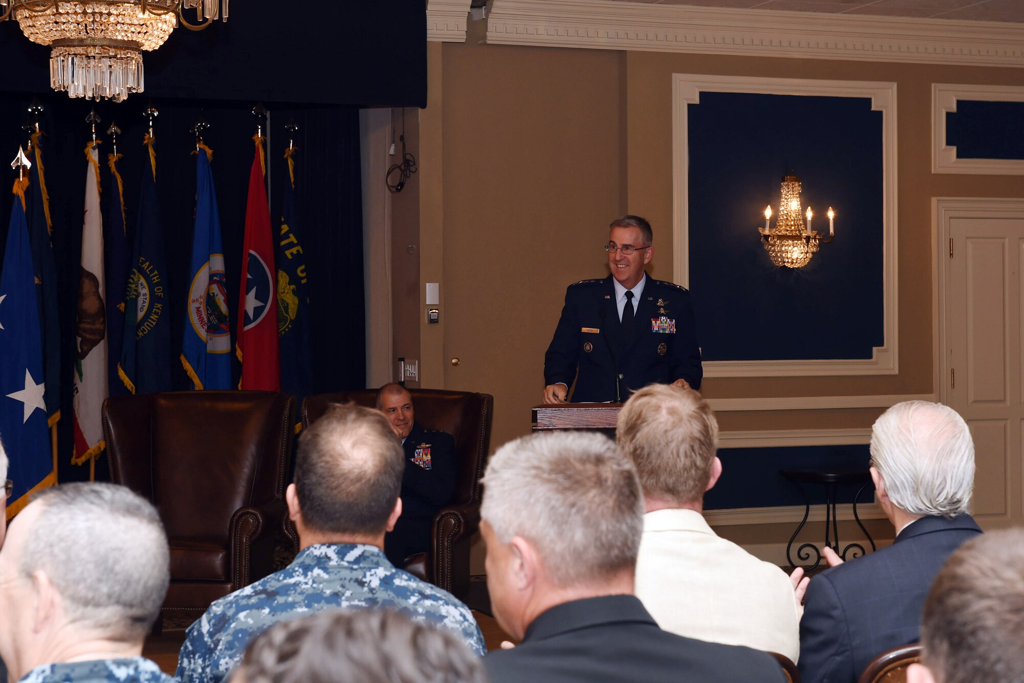 U.S. Air Force Gen. John Hyten, commander of U.S. Strategic Command (USSTRATCOM), presides over the Joint Functional Component Command for Global Strike (JFCC GS) inactivation ceremony at the Patriot Club on Offutt Air Force Base, Neb., Oct. 2, 2017.  USSTRATCOM inactivated JFCC GS as part of the command’s restructure of its components to build a coherent and streamlined warfighting structure. The restructure will enhance integration throughout the deterrence enterprise and more closely match the organizational structure of other warfighting commands.