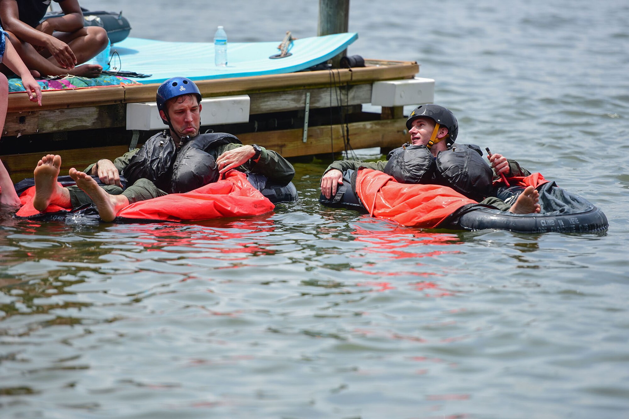 U.S. Air Force pilots assigned to the 157th Fighter Squadron, participate in water refresher training conducted in Lake Murray, located in Chapin, S.C., Aug. 13, 2017. The mandatory tri-annual training assesses the pilot’s ability to combat scenarios that may take place should they have to eject or bailout of the aircraft over water. (U.S. Air National Guard photo by Senior Airman Megan Floyd)