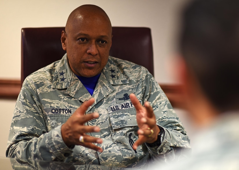 Maj. Gen. Anthony Cotton, 20th Air Force commander, speaks during an interview at Minot Air Force Base, N.D., Sept. 29, 2017. Cotton spoke with 91st Missile Wing Airmen and toured several facilities during his visit. (U.S. Air Force photo by Airman 1st Class Alyssa M. Akers)