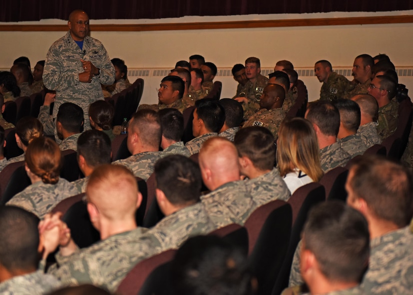 Maj. Gen. Anthony Cotton, 20th Air Force commander, answers questions during a 91st Missile Wing all-call at Minot Air Force Base, N.D., Sept. 29, 2017. Cotton spoke with 91st MW Airmen and toured several facilities during his visit. (U.S. Air Force photo by Airman 1st Class Alyssa M. Akers)