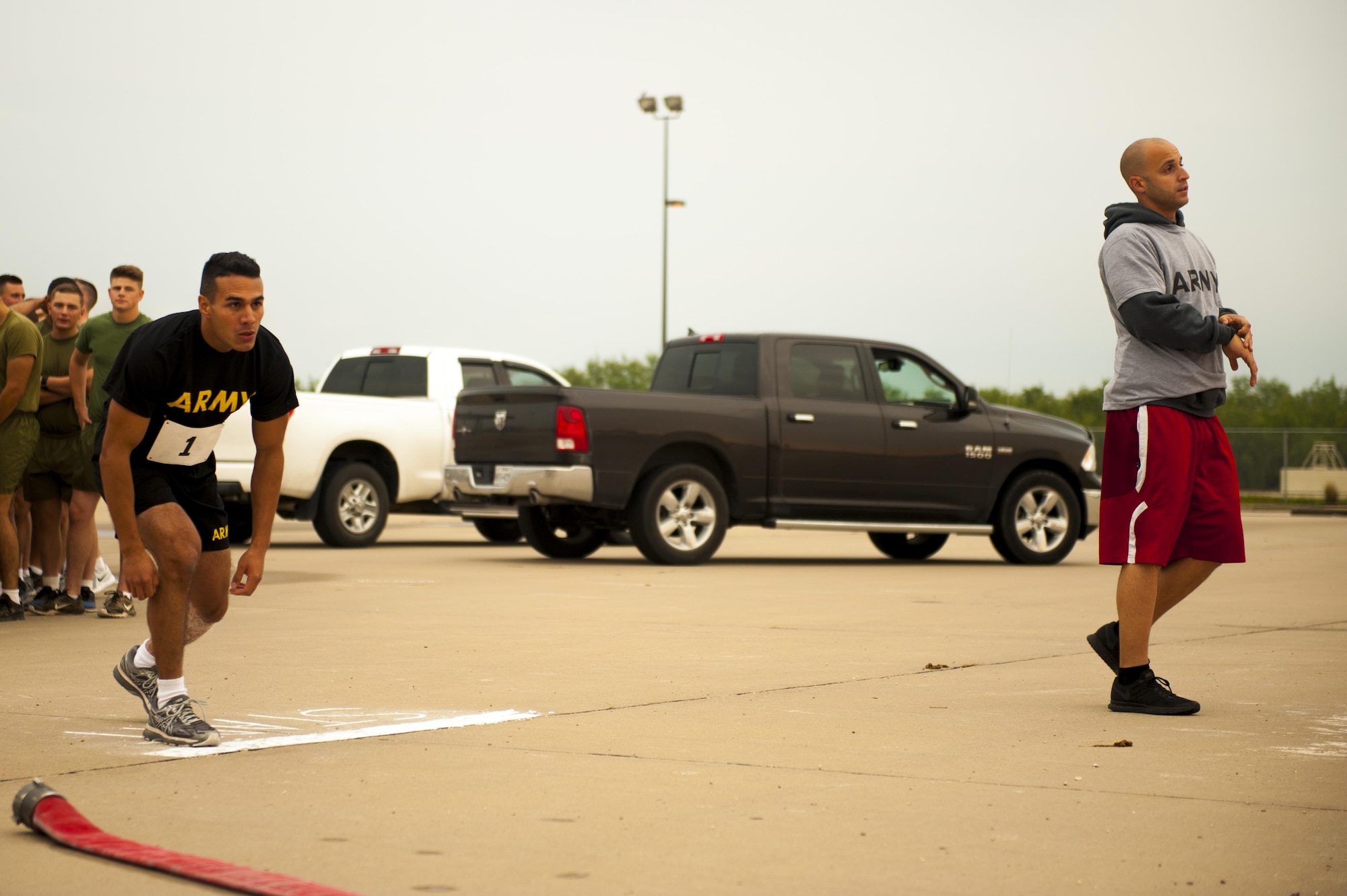 U.S. Army Spc. Rex Lord, 169th Engineering Battalion trainee, readies at the starting line during the fourth annual Blood, Sweat, and Stairs event at the Louis F. Garland Department of Defense Fire Academy on Goodfellow Air Force Base, Texas, Sept. 30, 2017. Blood, Sweat and Stairs was held to remember the fallen firefighters who lost their lives on 9/11. (U.S. Air Force photo by Senior Airman Scott Jackson/Released)